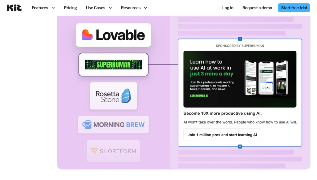 Screenshot of kit.com Sponsorships page showing an example of a sponsored ad in an email along with logos of different brands