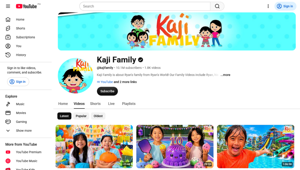 Screenshot of the Kaji Family YouTube channel videos page