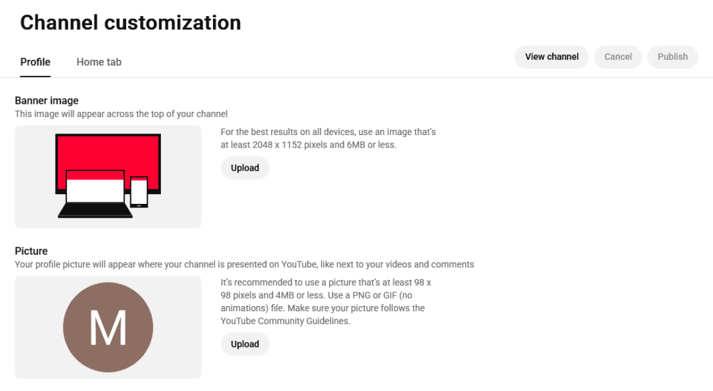 Screenshot of the YouTube Studio showing channel customization options