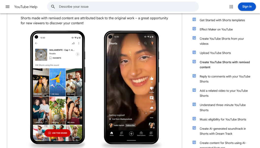 Screenshot of a Google help page showing screenshots of YouTube Shorts