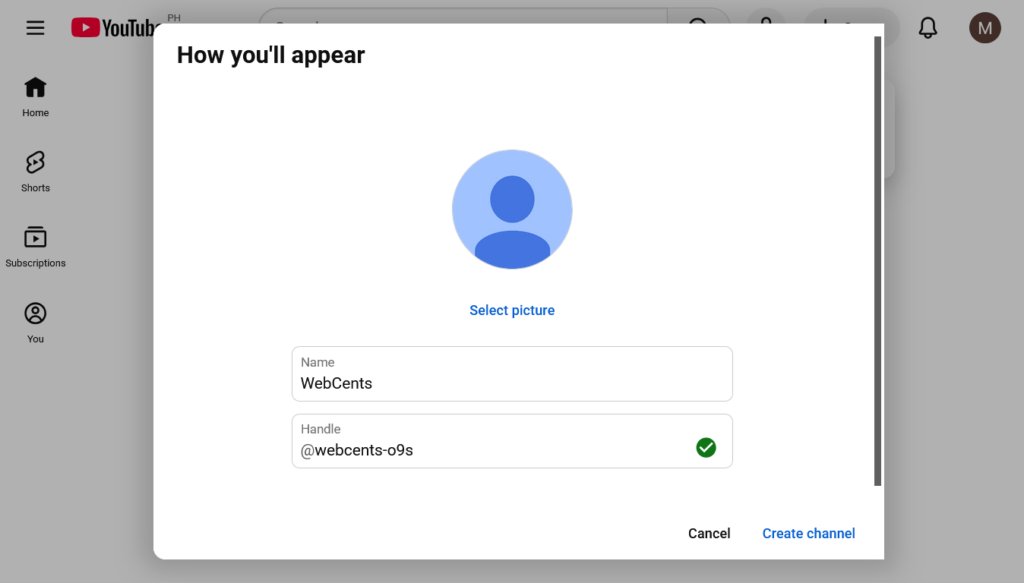 Screenshot of YouTube's channel creation window