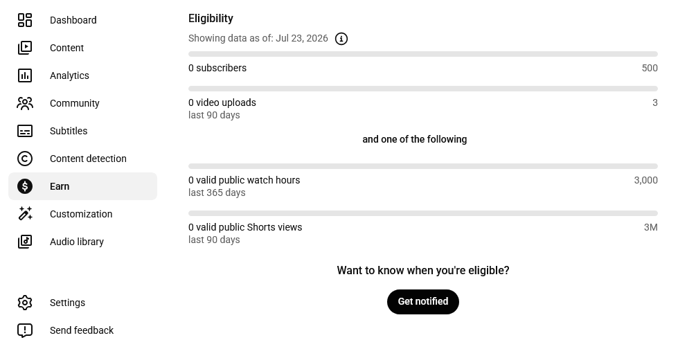 Screenshot of YouTube Studio showing the thresholds in the "Earn" section