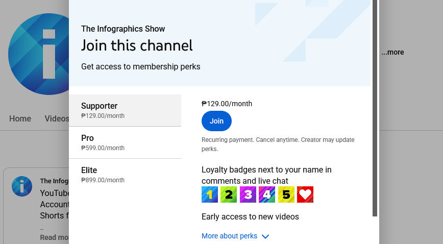 Screenshot of YouTube showing a channel's membership page