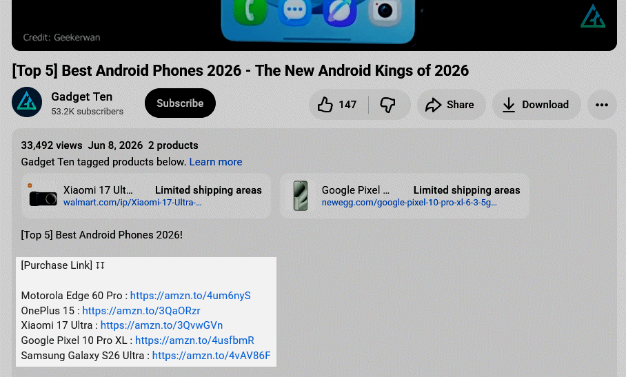Screenshot of a YouTube tech review video showing Amazon affiliate links in the description
