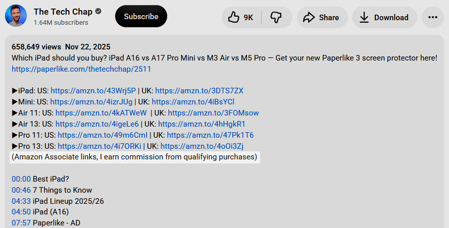 Screenshot of a YouTube video description showing an affiliate disclosure
