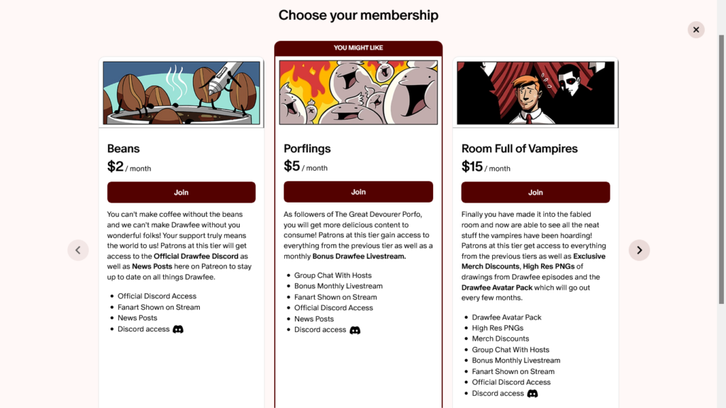 Screenshot of a Patreon creator's membership tiers