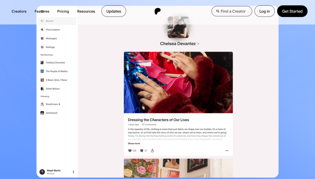 Screenshot of a patreon.com webpage showing a creator's Patreon page