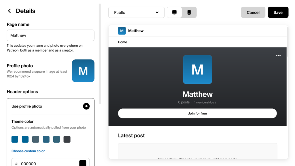 Screenshot of the Patreon page editor