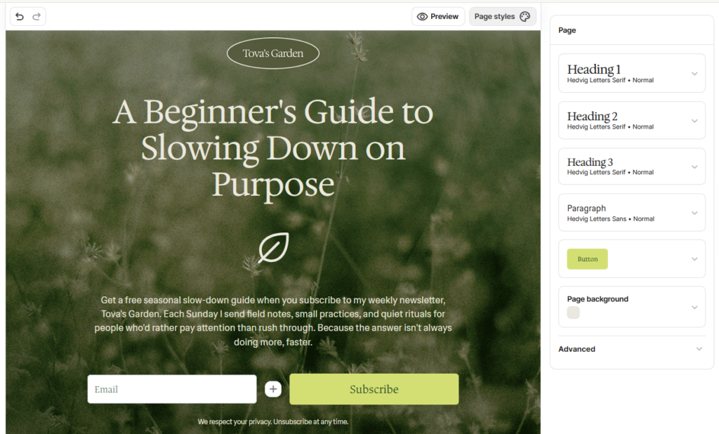 Screenshot of the Kit landing page builder