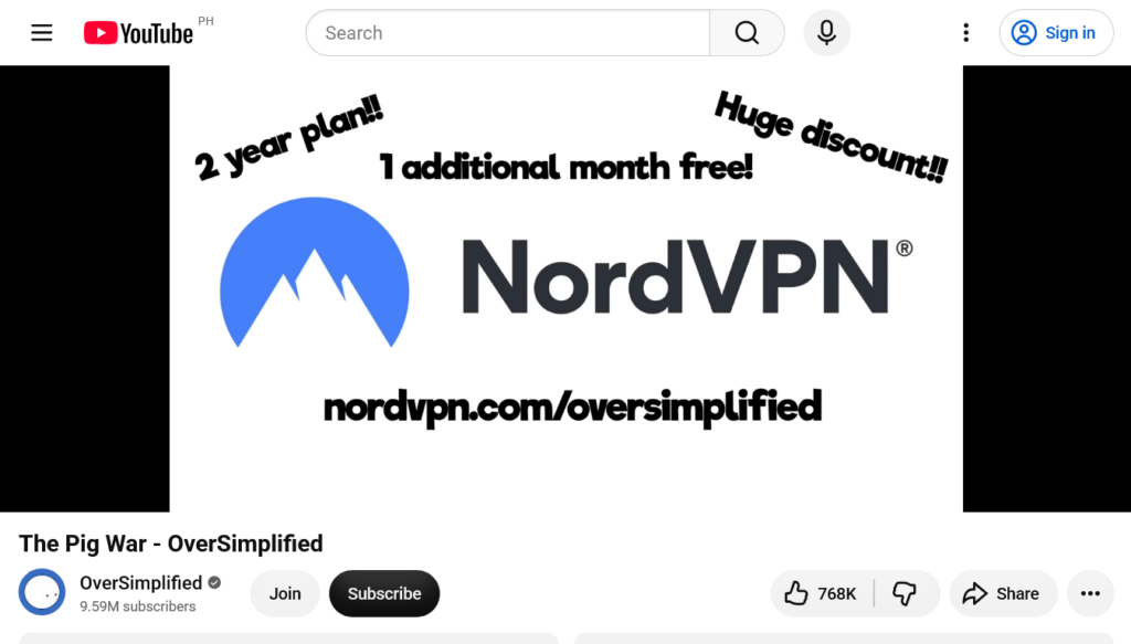 Screenshot of a YouTube channel advertising NordVPN as their sponsor