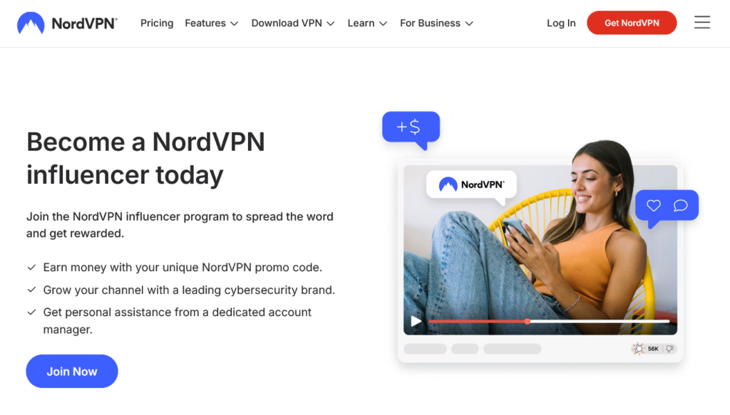 Screenshot of nordvpn.com Influencer Program page