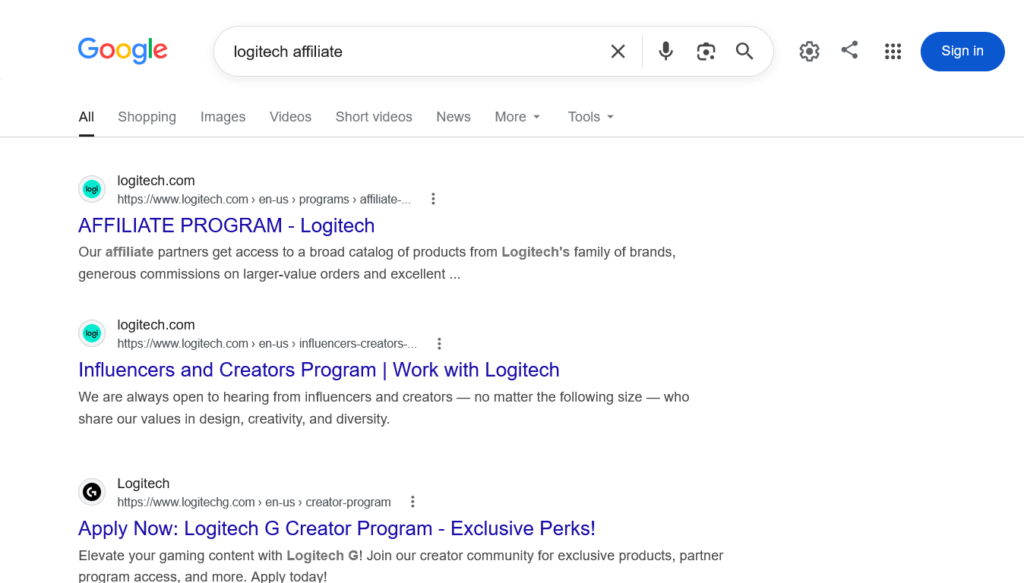 Screenshot of a Google results page showing a link to the Logitech affiliate program