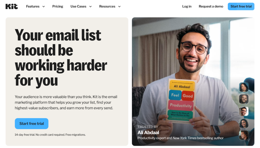 Screenshot of kit.com homepage highlighting a book author