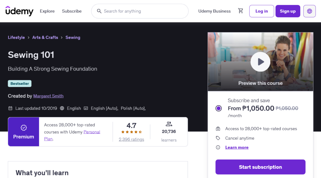 Screenshot of a sewing online course on udemy.com