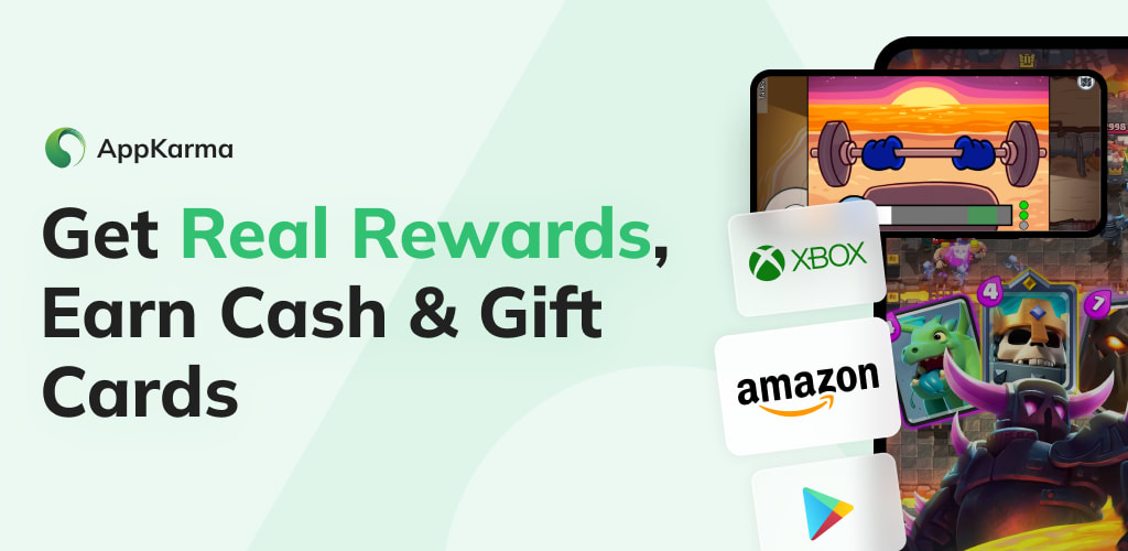Banner showing features of AppKarma with the text "Get Real Rewards, Earn Cash & Gift Cards"