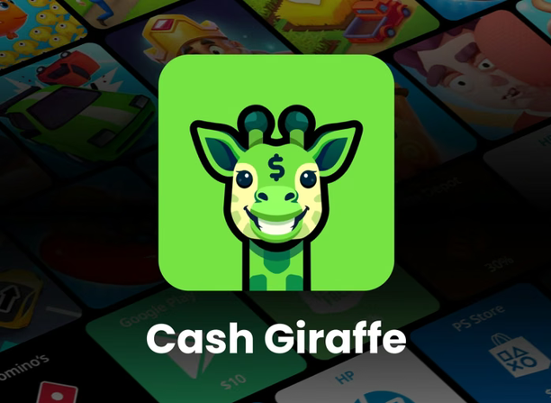 Cash Giraffe app icon with mobile games and gift card icons in the background