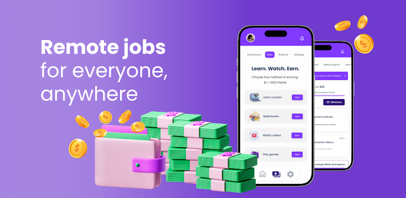 Banner showing the Earnne app with text "Remote jobs for everyone, anywhere"
