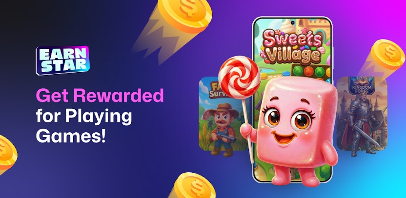 Banner showing features of the EarnStar app with a marshmallow character and text "Get Rewarded for Playing Games!"