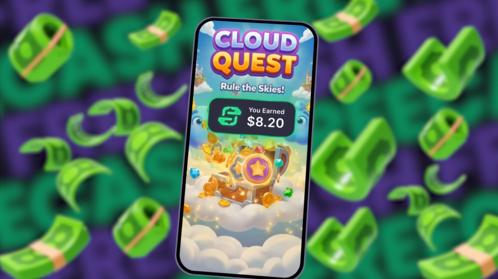 A phone with Freecash showing the end of the Cloud Quest game and $8.20 earned