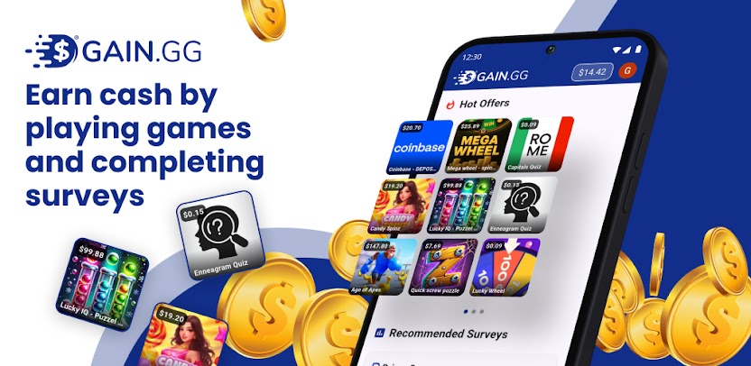 Banner showing the Gain.gg app with the text "Earn cash by playing games and completing surveys"