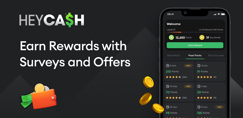 Banner showing the Heycash app on a phone with the text "Earn Rewards with Surveys and Offers"