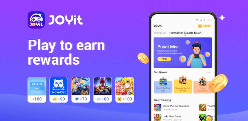 Banner showing the JOYit app with the text "Play to earn rewards"