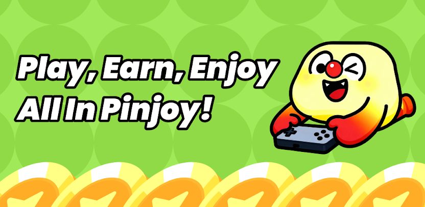 Banner of Pinjoy with a character playing a video game and text "Play, Earn, Enjoy All in Pinjoy!"