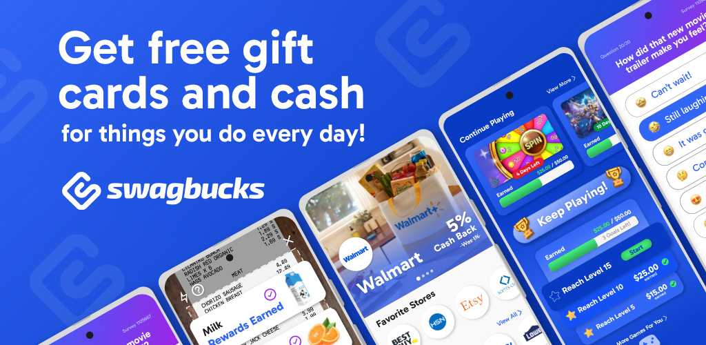 Banner showing features of the Swagbucks app with the text "Get free gift cards and cash for things you do every day!"