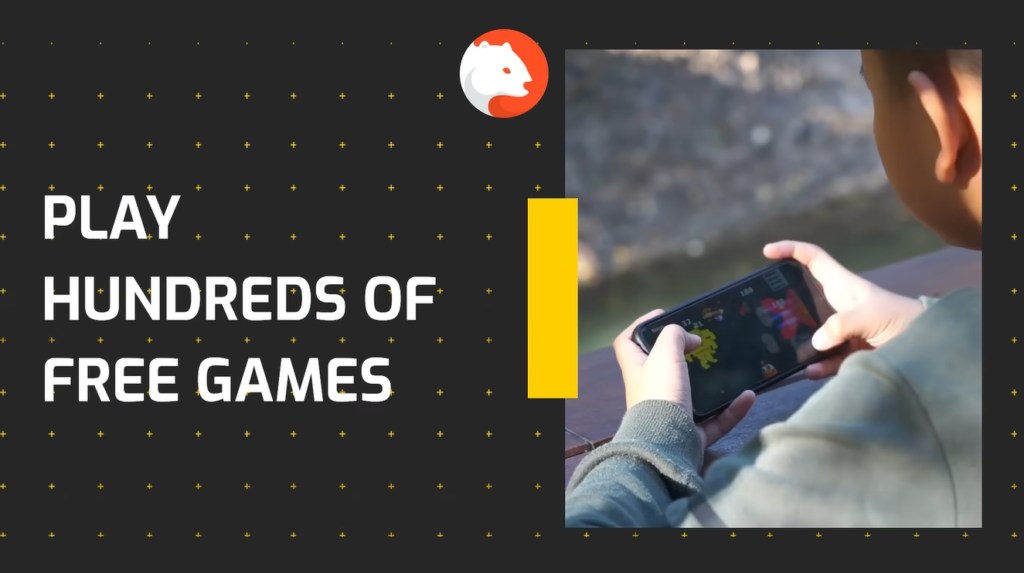Banner of the Wombat app showing a person playing a mobile game with text "Play Hundreds of Free Games"