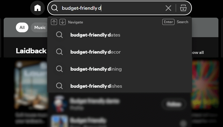 Screenshot of Spotify search showing keywords related to "budget-friendly"
