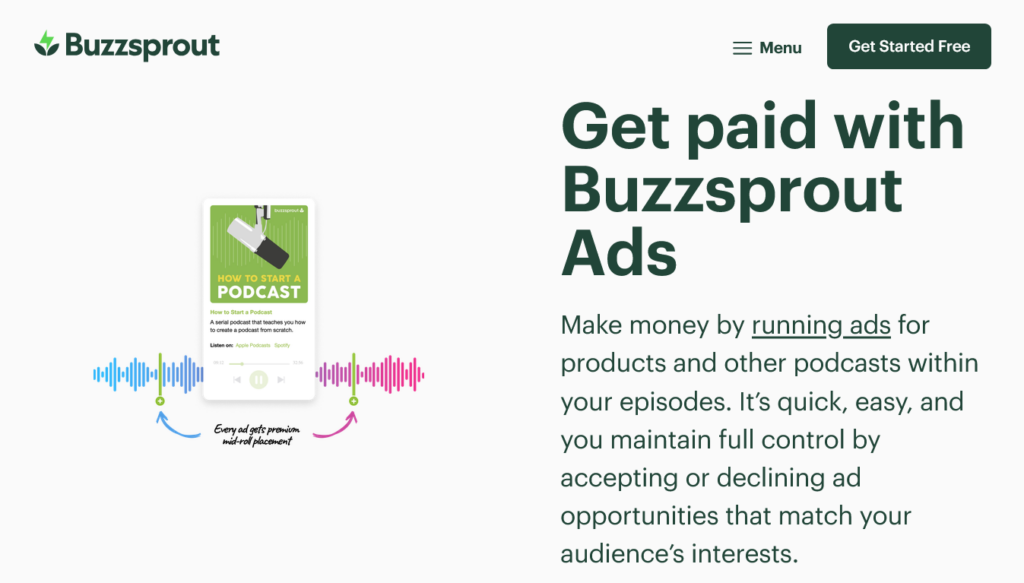 Screenshot of buzzsprout.com Features page showing the Buzzsprout Ads feature