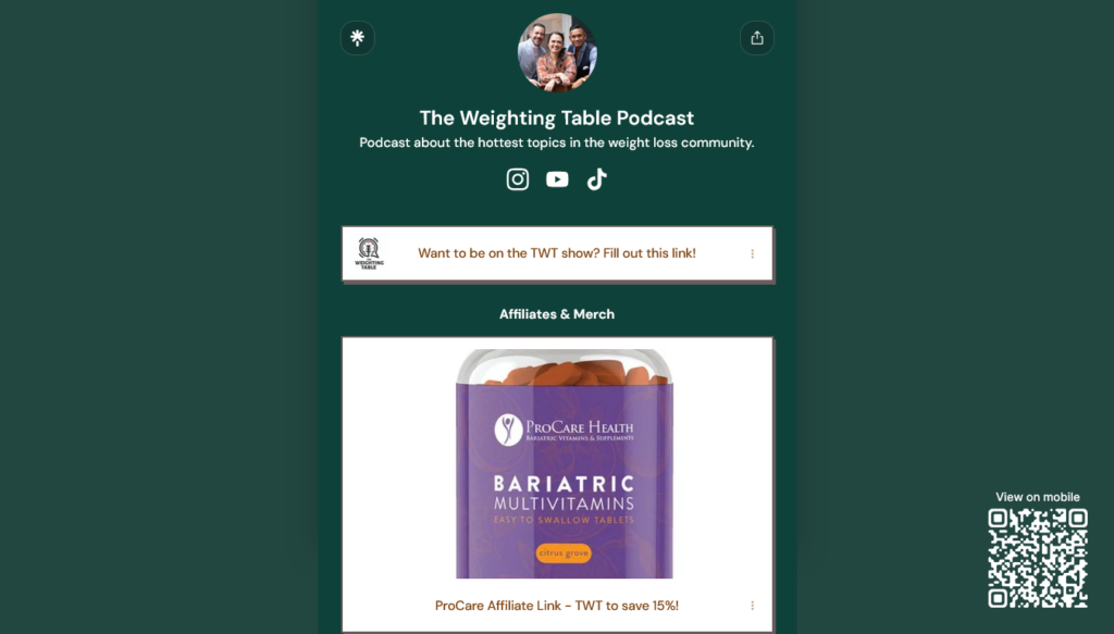 Screenshot of a podcaster's Linktree page showing affiliate links