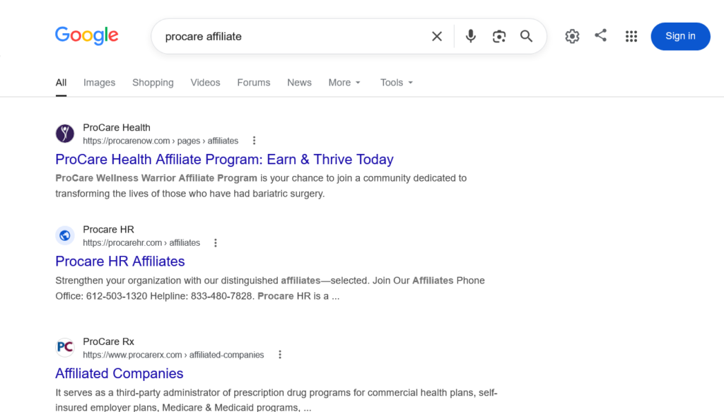 Screenshot of a Google results page showing a link to the ProCare affiliate program