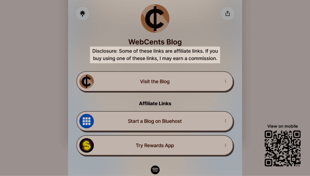 Screenshot of a Linktree page showing an affiliate disclosure button and the message that appears when clicked