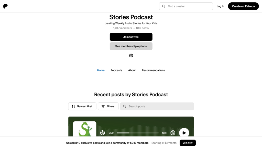 Screenshot of a podcaster's Patreon page