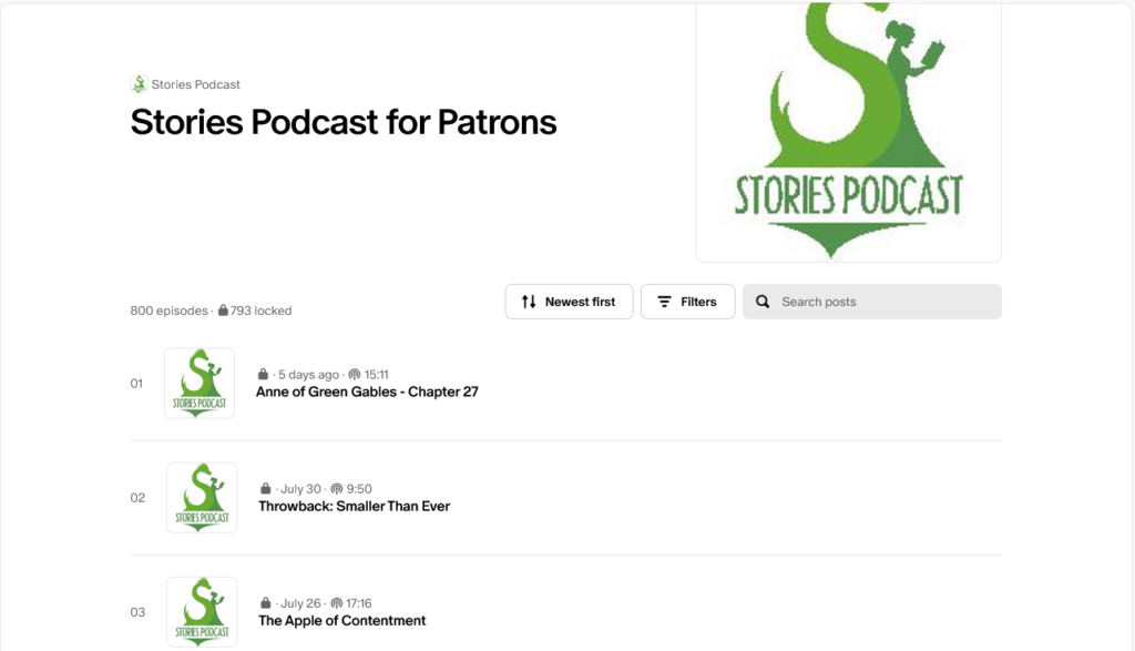 Screenshot of podcasts listed on a Patreon page