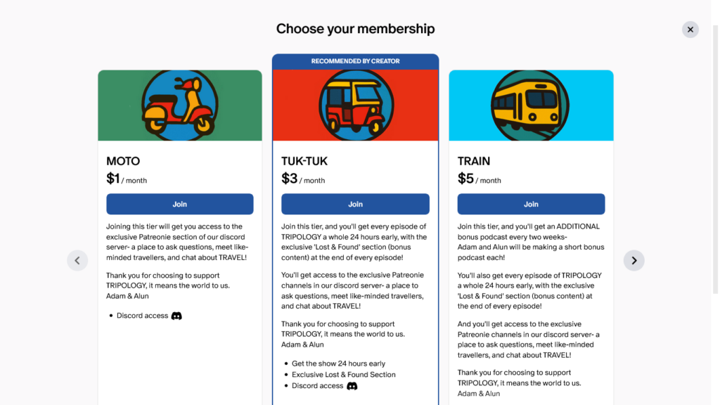 Screenshot of a Patreon travel podcaster's membership tiers