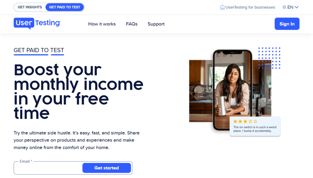 Screenshot of usertesting.com Get Paid to Test page