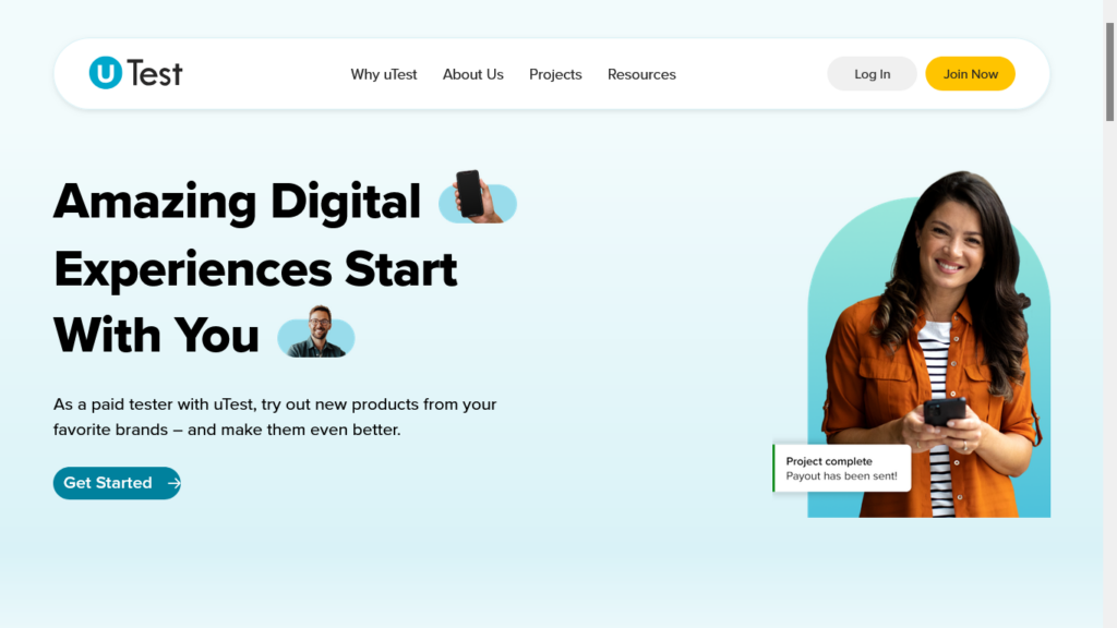 Screenshot of utest.com homepage