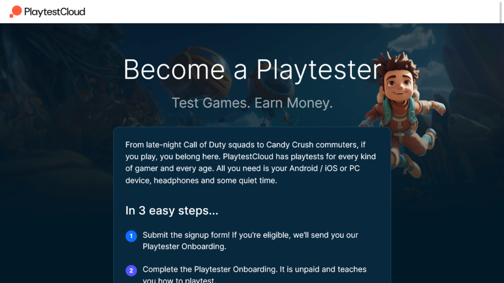 Screenshot of playtestcloud.com Playtester Signup page