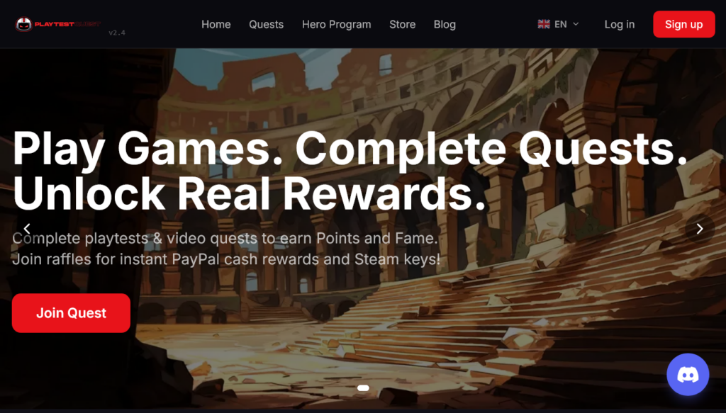 Screenshot of playtestquest.com homepage