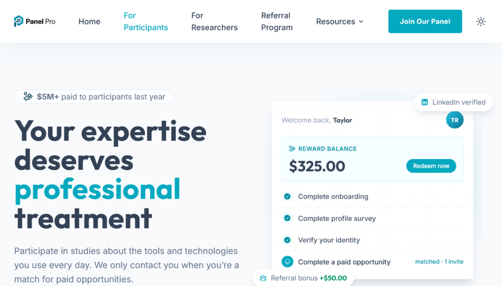 Screenshot of panelpro.io For Participants page