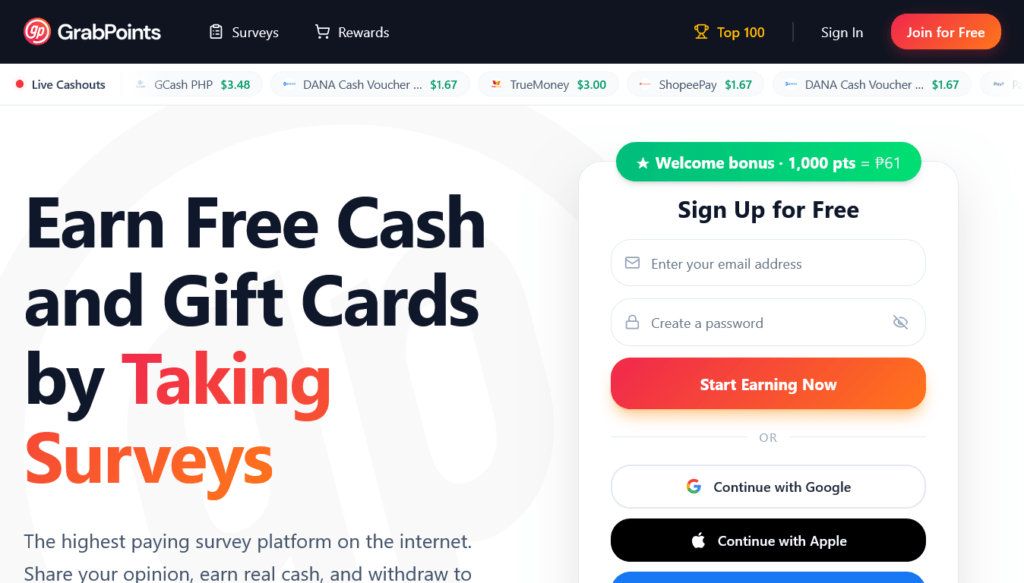 Screenshot of grabpoints.com homepage