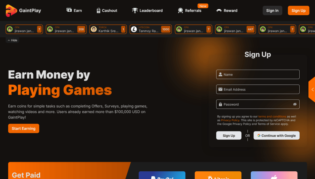 Screenshot of gaintplay.com homepage