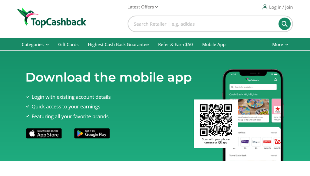 Screenshot of topcashback.com app page