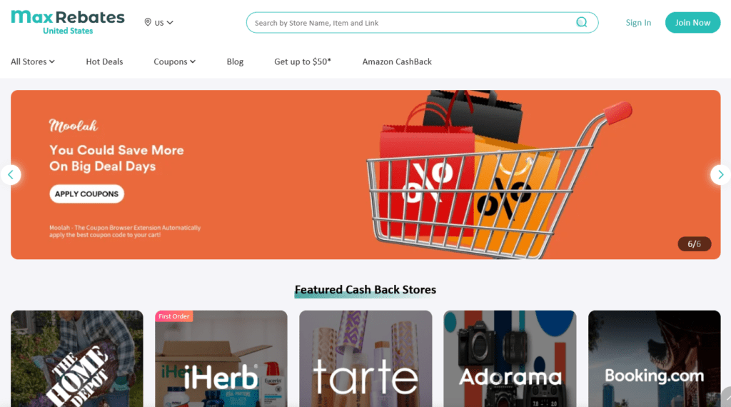 Screenshot of maxrebates.com homepage