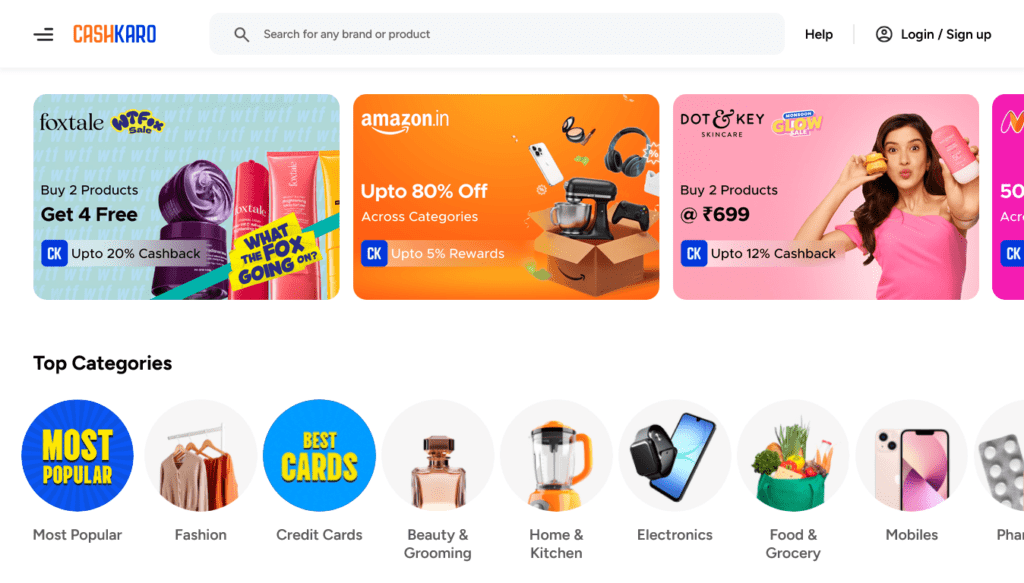 Screenshot of cashkaro.com homepage