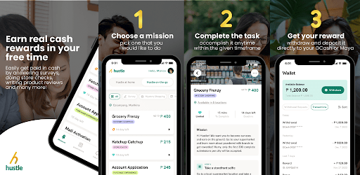 Captures of the Hustle PH app shown on a smartphone