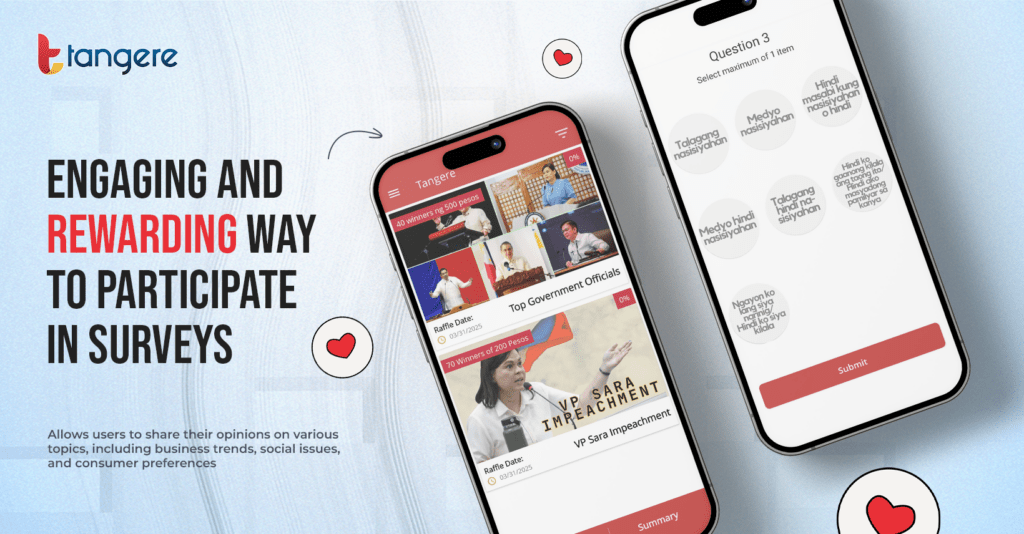 Tangere app store banner showing the app on a smartphone with the headline "Engaging and Rewarding Way to Participate in Surveys"