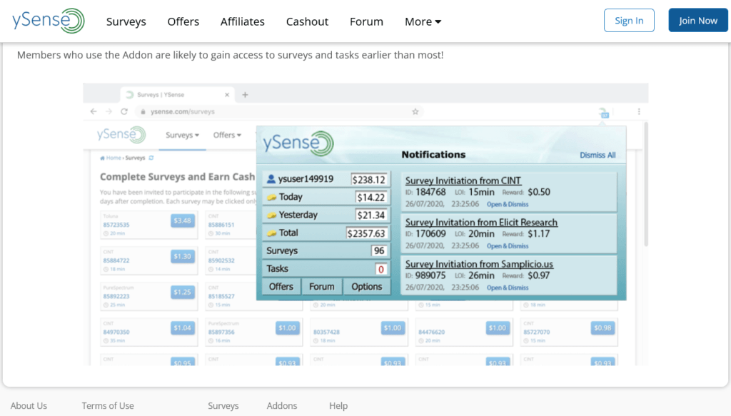 Screenshot of the ySense Addon page showing what their browser extension looks like